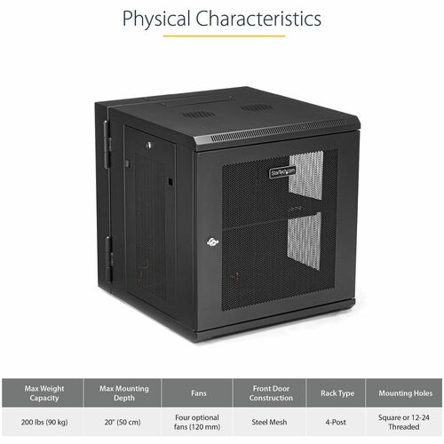 StarTech.com 4-Post 12U Wall Mount Network Cabinet, 19" Hinged Wall-Mounted Server Rack for IT Equipment, Flexible Lockabl