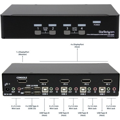 StarTech.com KVM Switchbox - TAA Compliant - 4 Computer(s) - 1 Local User(s) - 3840 x 2160 - 8 x USB - 5 x DisplayPort - 1