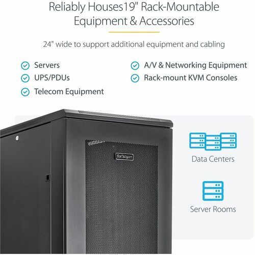 StarTech.com 42U Rack Cabinet for Server - Black - Steel, Mesh - 907 kg Maximum Weight Capacity - 907 kg Static/Stationary