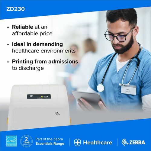 Zebra ZD230 Desktop Direct Thermal Printer - Monochrome - Label/Receipt Print - Ethernet - USB - Bluetooth - EU, UK - Blac