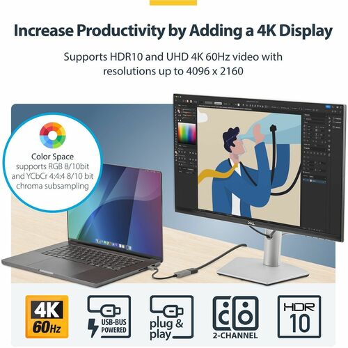 StarTech.com USB-C to HDMI Adapter, 4K 60Hz Video, HDR10, USB-C to HDMI Monitor Dongle, USB4 / Thunderbolt Compatible - Co