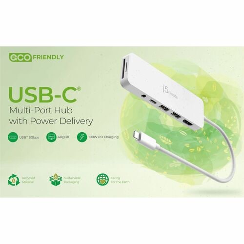 j5create USB Type C Docking Station - Memory Card Reader - SD - White - USB Type-A - USB Type-C® - HDMI - Wired