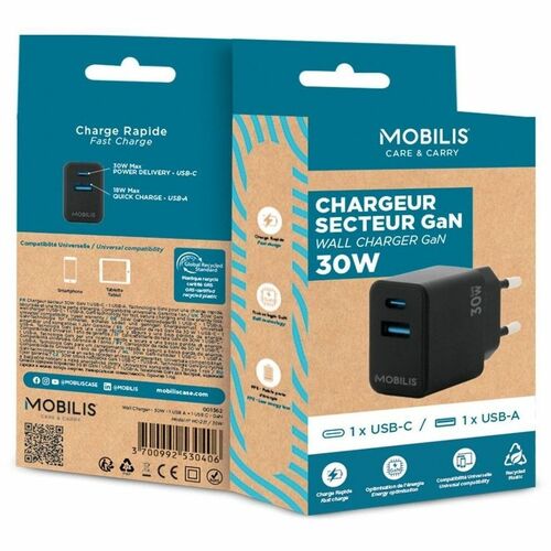 Adaptateur secteur MOBILIS - 30 W - Adaptateur universel - 1 USB - 1 USB Type-C - Pour Smartphone, Tablette PC - Noir
