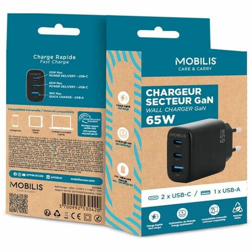 MOBILIS 65 W AC Adapter - Universal Adapter - 1 USB - 2 USB Type-C - For Tablet PC, Notebook, Smartphone - Black