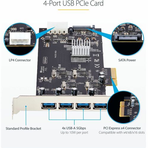 StarTech.com 4-Port USB PCIe Karte, USB 3.2 5Gbps, PCI Express Karte mit 4 unabhängigen USB-Controllern, 4 USB-A Anschlüss