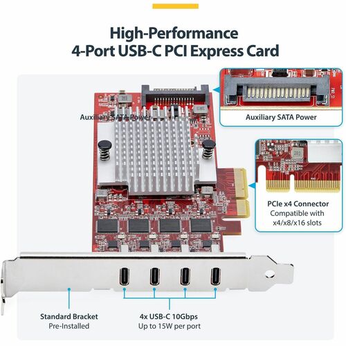 StarTech.com 4-Port USB Type-C PCIe Card, USB 3.2 10Gbps, USB-C PCI Express Expansion Card, 4x Independent USB Controllers