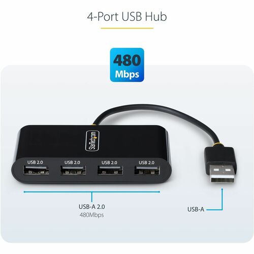 StarTech.com USB Hub - USB 2.0 Type A - 60 MB/s - Notebook, Desktop, Mouse, Keyboard, Flash Drive - Portable - Black - 4 T