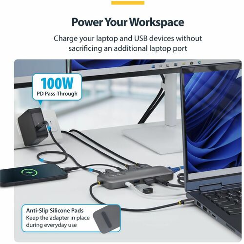 StarTech USB-C to Dual-DisplayPort Multiport Adapter, 100W Power Delivery Charging, 2x 4K 60Hz, 5-Port 5Gbps Hub, GbE, Min