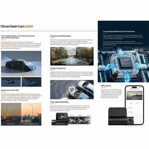 70mai A200 Front/Rear Vehicle Camera - 5.1 cm (2") Screen - Wireless - Night Vision - 1920 x 1080 Video - CMOS