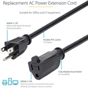 StarTech.com Power Extension Cable - 125V AC - 15A - 6ft - Black - Extend your power cord by 6ft - 6ft 5-15 Extension Cord