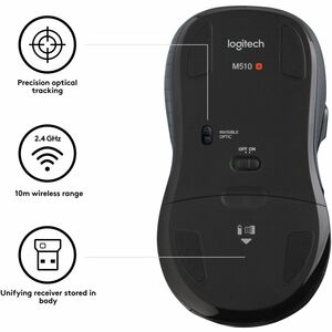 Logitech M510 Wireless Mouse, 2.4 GHz with USB Unifying Receiver, 1000 DPI Laser-Grade Tracking, 7-Buttons, Black - Optica