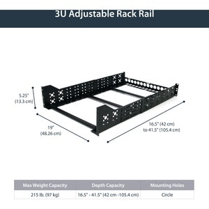 StarTech.com 3U Fixed 19" Adjustable Depth Universal Server Rack Rails - 215lb Load Capacity - Steel - Black