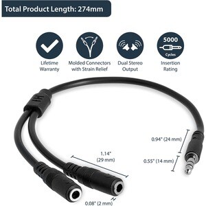 StarTech.com 3.5mm Audio Extension Cable - Slim Audio Splitter Y Cable and Headphone Extender - Male to 2x Female AUX Cabl