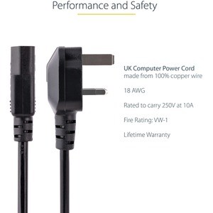 StarTech.com 3 m GB Computer Stromkabel, 18AWG, BS 1363 auf C13, 10A 250V, Schwarz, Kaltgerätekabel / UK Stromkabel, PC Ne