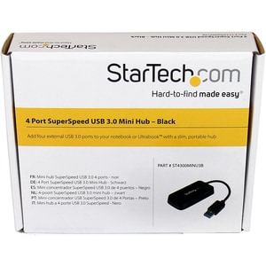 StarTech.com Portable 4 Port SuperSpeed Mini USB 3.0 Hub - 5Gbps - Black - Add four USB 3.0 ports to your notebook or Ultr