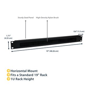 StarTech.com 1U Brush Strip Horizontal Server Rack Cable Management Panel - Cable Management Panel - 482.6 mm Length - 1U 