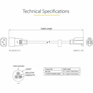 StarTech.com Cable de 0.3m de Extensión de Alimentación, IEC 320 C14 a NEMA 5-15R, 10A 125V, 18AWG, Cable de Corriente par
