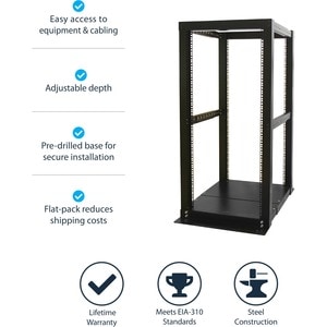StarTech.com 4 Post Open Frame Rack - 25U Rack Cabinet - Heavy Gauge Mounting Rails - Open Frame - Server Rack (4POSTRACK2