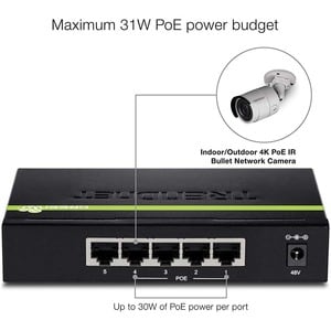 TRENDnet 5-Port Gigabit PoE+ Switch, 31 W PoE Budget, 10 Gbps Switching Capacity, Data & Power Through Ethernet To PoE Acc