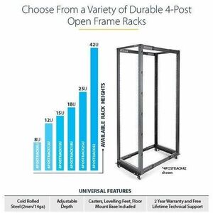 StarTech.com 4-Post 12U Mobile Open Frame Server Rack, 19" Network Rack with Casters, Rolling Rack for Computer/AV/Data/IT
