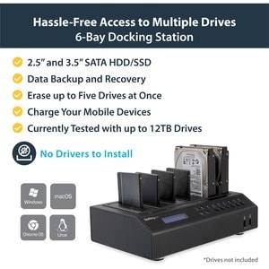 StarTech.com 6 Bay Hard Drive Duplicator/Eraser, 1:5 HDD/SSD Cloner/Copier, USB/eSATA to SATA Dock, Disk Sanitizer/Wiper, 