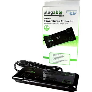 Plugable Surge Protector Power Strip with USB and 12 AC Outlets - Built-in 10.5W 2-Port USB Charger for Android, Apple iOS