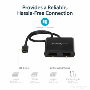 StarTech.com USB-C to Dual DisplayPort 1.2 Adapter, USB Type-C Multi-Monitor MST Hub, Dual 4K 30Hz DP Display Extender/Spl