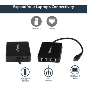 StarTech.com USB C to Dual Gigabit Ethernet Adapter with USB 3.0 (Type-A) Port - USB Type-C Gigabit Network Adapter - Use 