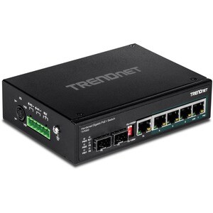 TRENDnet 6-Port Hardened Industrial Gigabit PoE+ DIN-Rail Switch, 4 x Gigabit PoE+ Ports, Shared Gigabit Port (RJ-45/SFP),