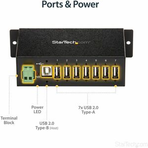 StarTech.com Mountable Rugged Industrial 7 Port USB 2.0 Hub - USB Type B - External - 7 USB Port(s) - 7 USB 2.0 Port(s) - 