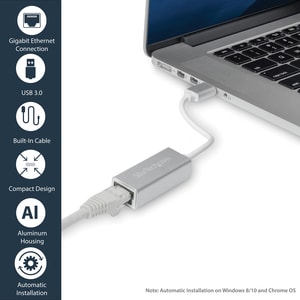 StarTech.com USB 3.0 to Gigabit Network Adapter - Silver - USB 3.1 - 1 Port(s) - 1 - Twisted Pair - 10/100/1000Base-T - De