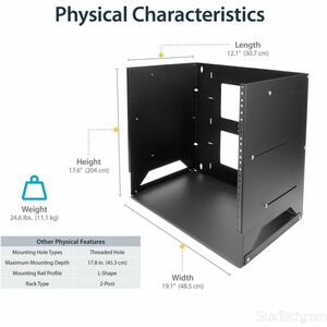 StarTech.com 8U Wallmount Server Rack with Built-in Shelf - Solid Steel - Adjustable Depth 12in to 18in~ - Steel - 34.02 k