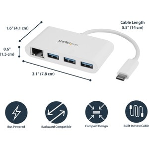 StarTech.com USB-C to Ethernet Adapter with 3 Port USB C Hub - Gigabit - White - Thunderbolt 3 Compatible - MacBook Pro 20