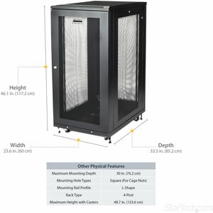 StarTech.com 24U 19" Server Rack Cabinet 4 Post Adjustable Depth 2-30" w/Casters/Cable Management/1U Shelf, Locking Doors 