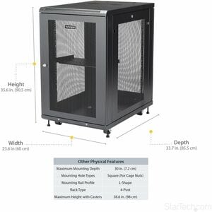 StarTech.com 4-Post 18U Server Rack Cabinet, 19" Data Rack Cabinet for Computer / IT Equipment, Home Network Rack, Half He