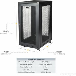 StarTech.com Armadio Rack 19" 24U su Ruote a 4 Montanti; Profondità Regolabile; Porta e Pannelli Laterali con Serratura; R