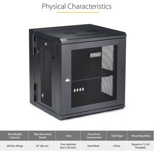 StarTech.com 12U 19"" Wall Mount Network Cabinet - 16"" Deep Hinged Locking Flexible IT Data Equipment Rack Vented Switch 