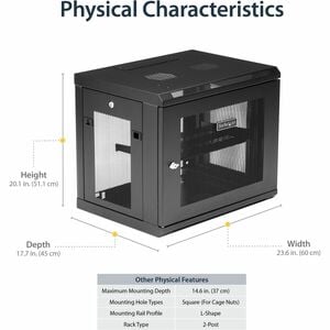 StarTech.com 2-Post 9U Wall Mount Network Cabinet, 19" Wall-Mounted Server Rack for Data / IT Equipment, Small Lockable Ra