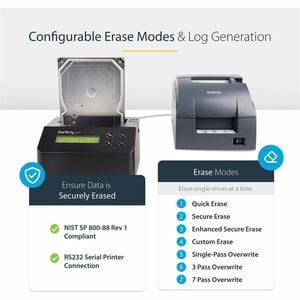 StarTech.com 1-Bay Festplatten Löscher, Selbständiges HDD/SSD Löschgerät, 4Kn, USB 3.0 auf SATA III, 9 Löschmodi, DB9 Druc