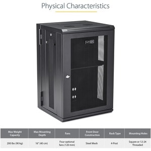 StarTech.com 18U 19"" Wall Mount Network Cabinet - 16"" Deep Hinged Locking Flexible IT Data Equipment Rack Vented Switch 