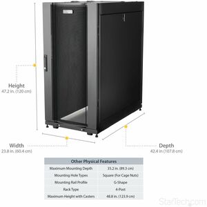 StarTech.com 25U Server Rack Cabinet - 37 in. Deep Enclosure. Type: Freestanding rack, Rack capacity: 25U, Maximum weight 