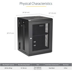 StarTech.com 4-Post 15U Wall Mount Network Cabinet, 19" Hinged Wall-Mounted Server Rack for Data / IT Equipment, Lockable 