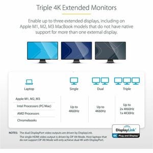 StarTech.com USB C Dock - Compatible with Windows / macOS - Supports Triple 4K Ultra HD Monitors - 60W Power Delivery - Po