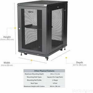 StarTech.com 4-Post 18U Server Rack Cabinet, 19" Data Rack Cabinet for Computer / IT Equipment, Home Network Rack, Half He