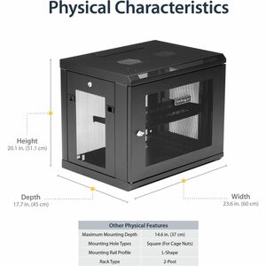 StarTech.com 2-Post 9U Wall Mount Network Cabinet, 19" Wall-Mounted Server Rack for Data / IT Equipment, Small Lockable Ra