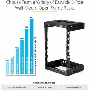 StarTech.com 2-Post 12U Heavy-Duty Wall Mount Network Rack, 19" Open Frame Server Rack with Adjustable Depth, Data Rack fo