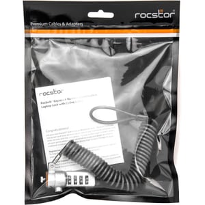 Rocstor Rocbolt Portable Security Cable With Combination Lock and Self-Coiling Steel Cable - Resettable - 4-digit - Galvan