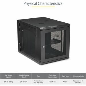 StarTech.com 12U Wandmontierbar Rackschrank für Server, LAN-Schalter, Patchfeld604,52 mm Rack Depth - Schwarz - Stahl, Sta