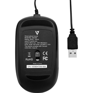 V7 USB Wired Optical Mouse - Optical - Cable - Black - USB - 1600 dpi - Scroll Wheel - 4 Button(s) - Symmetrical