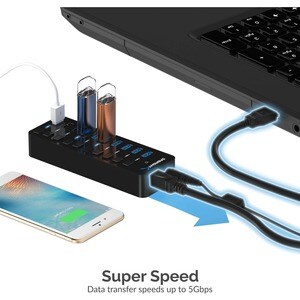 Sabrent 7 USB 3.0 Port + 3 Smart Charging Ports Hub - USB 3.0 - External - 7 USB Port(s) - 7 USB 3.0 Port(s) - Linux, Mac,